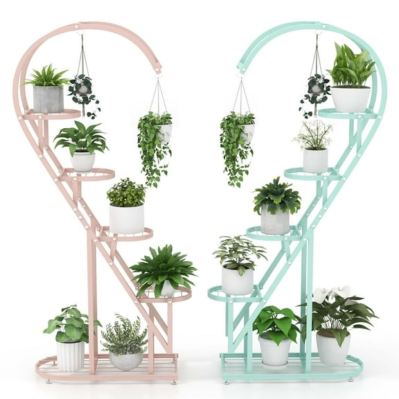 Costway 5 Tier Metal Plant Stand Heart-shaped Shelf with Hanging Hook for Multiple Plants Pink & Blue