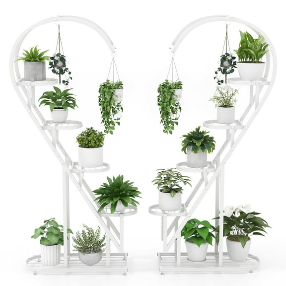 Costway 5 Tier Metal Plant Stand Heart-shaped Shelf with Hanging Hook for Multiple Plants White