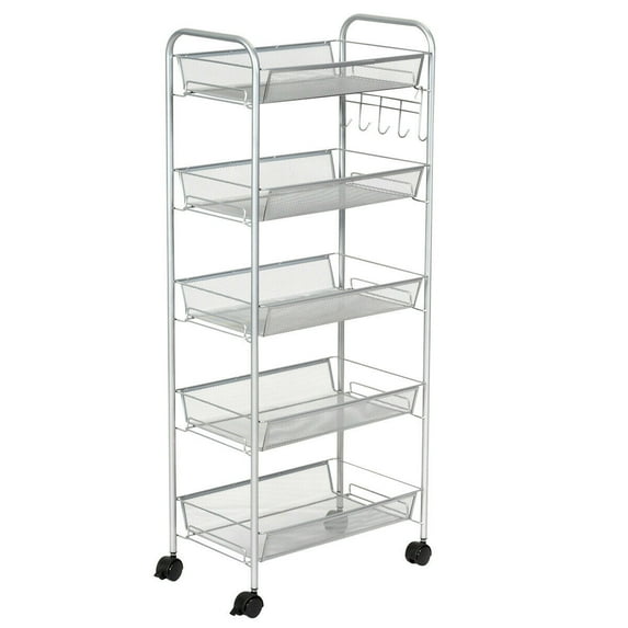 Costway 5 Tier Storage Rack Trolley Cart Home Kitchen Organizer Utility Baskets Silver