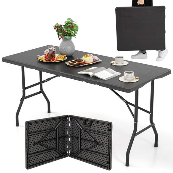Costway 5 ft Folding Table Indoor Outdoor Foldable Plastic Table 4-6 Person Picnic Table Black