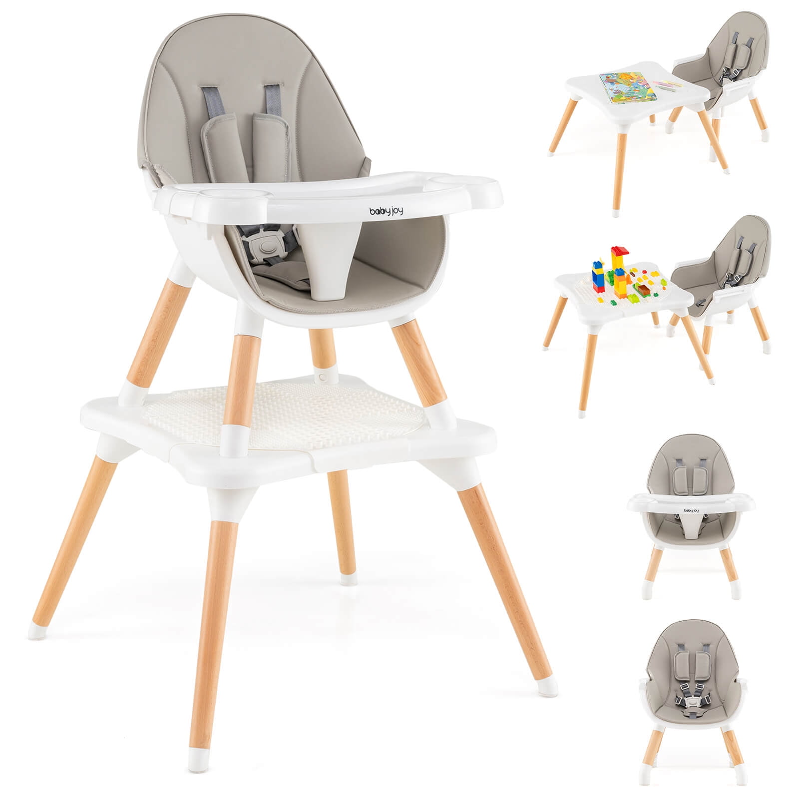 Costway 6-in-1 Baby High Chair Infant Wooden Convertible Chair with Building Block Table Gray