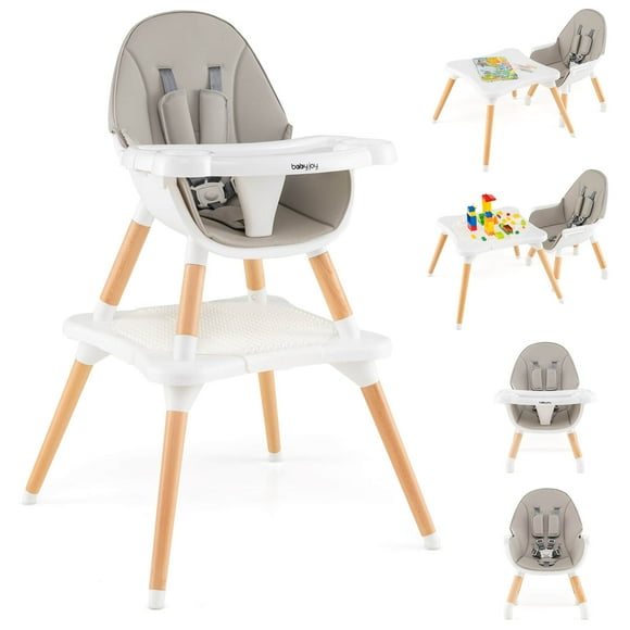 Costway 6-in-1 Baby High Chair Infant Wooden Convertible Chair with Building Block Table Gray