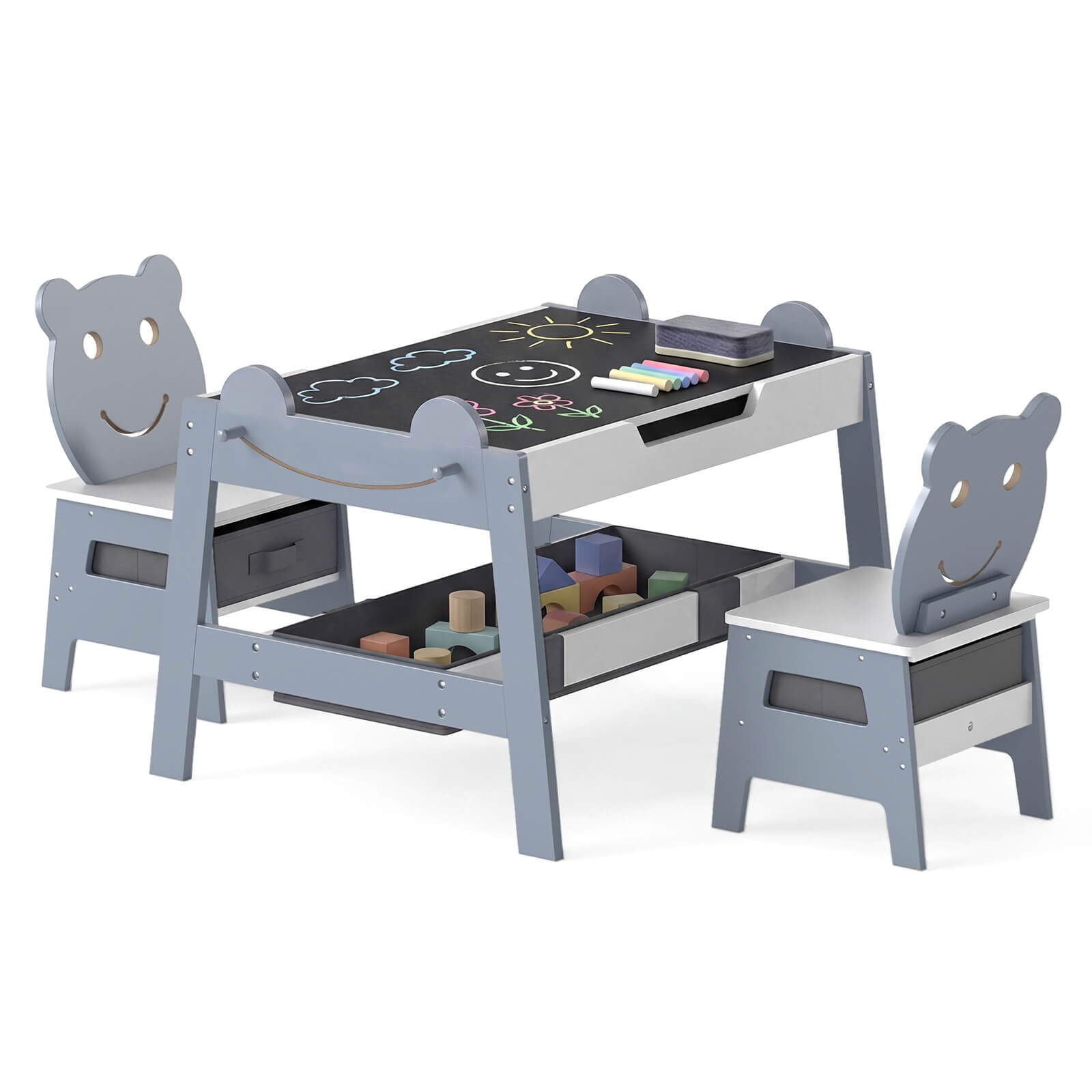 Costway 5-in-1 Kids' Table & Chair Set with Chalkboard, Whiteboard, 3 Storage Bins, 4 Hooks Gray + White