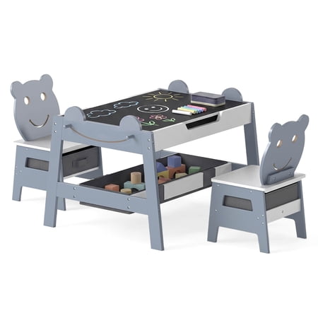 Costway 5-in-1 Kids' Table & Chair Set with Chalkboard, Whiteboard, 3 Storage Bins, 4 Hooks Gray + White
