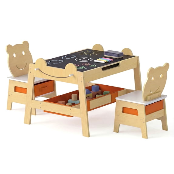 Costway 5-in-1 Kids' Table & Chair Set with Chalkboard, Whiteboard, 3 Storage Bins, 4 Hooks Natural + White + Orange