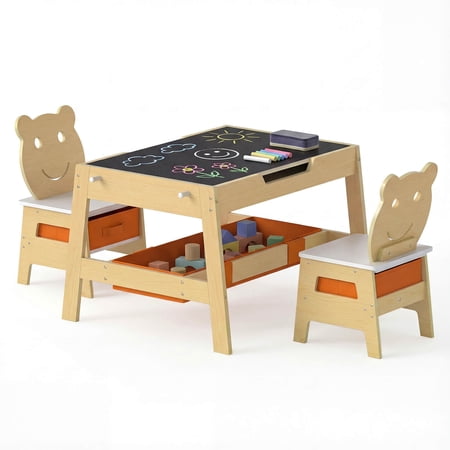 Costway 5-in-1 Kids' Table & Chair Set with Chalkboard, Whiteboard, 3 Storage Bins, 4 Hooks Natural + White + Orange