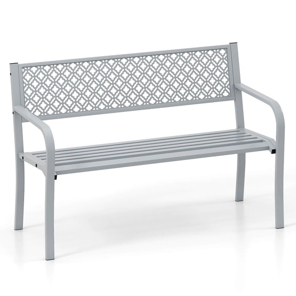 Costway 50" Outdoor Garden Bench with Geometric Lattice Backrest Armrests and Slatted Seat Gray