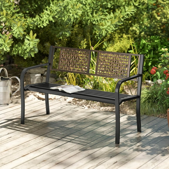 Costway 50" Outdoor Metal Park Bench with Rattan-Like Backrest & Curved Armrests