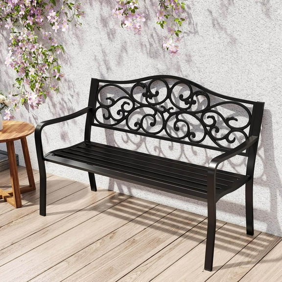 Costway 50" Porch Bench with Ergonomic Backrest & Armrests Floral Patterns Curved