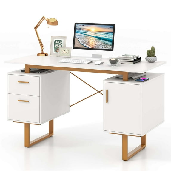 Costway 51" Home Office Desk with Floating Desktop Dual Drawers Cabinet & Metal Frame