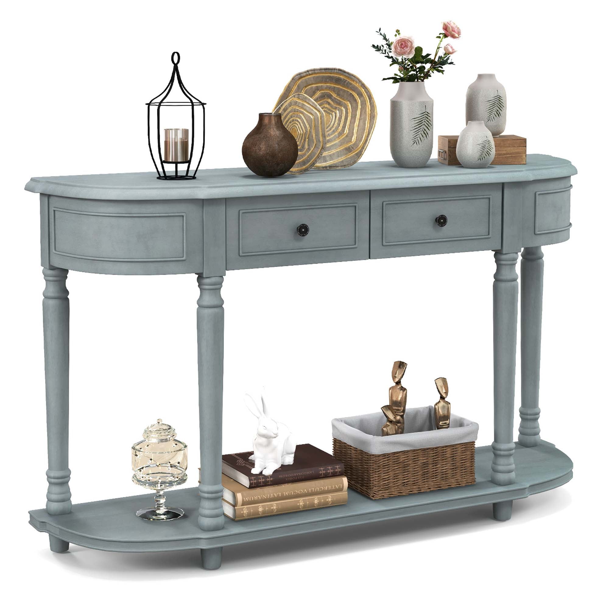 52" Blue Wood Console Table with Storage Drawers and Shelf