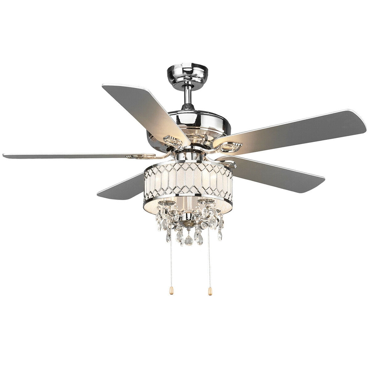 Costway 52 in Classical Crystal Ceiling Fan Lamp w/ 5 Reversible Blades Pull Chain Home Silver