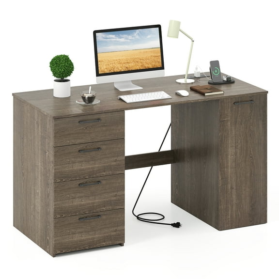 Costway 53" Computer Desk with Power Outlets Large Executive Desk with 4 Storage Drawers Gray