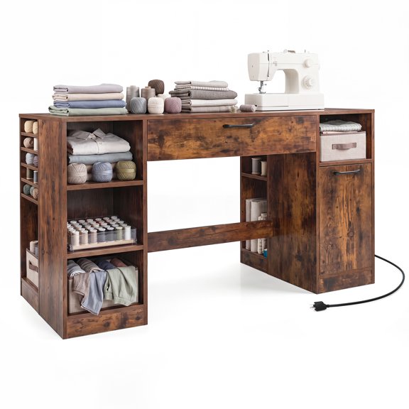 Costway 53” Sewing Table with Power Outlets 2 Drawers Open Compartments 5 Removable Shelves Rustic Brown