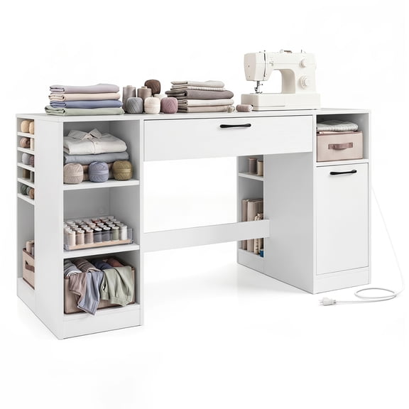 Costway 53” Sewing Table with Power Outlets 2 Drawers Open Compartments 5 Removable Shelves White