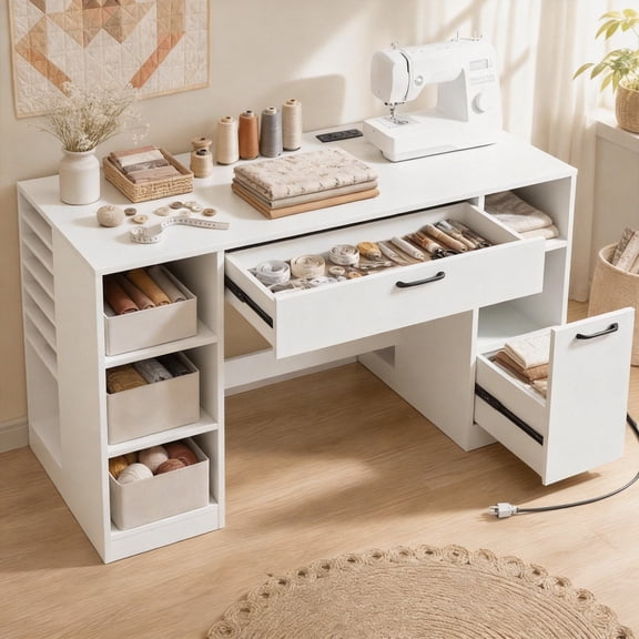 Costway 53” Sewing Table with Power Outlets 2 Drawers Open Compartments 5 Removable Shelves White