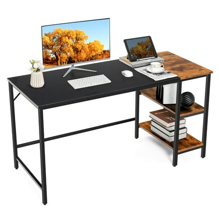 Costway - 55" Computer Desk Writing Workstation Study Table Home Office with Bookshelf - Black