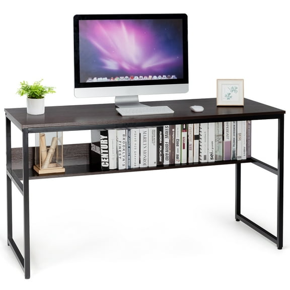 Costway 55'' Industrial Computer Desk  w/ Storage Shelf  Adjustable Foot Pads Home Office Coffee