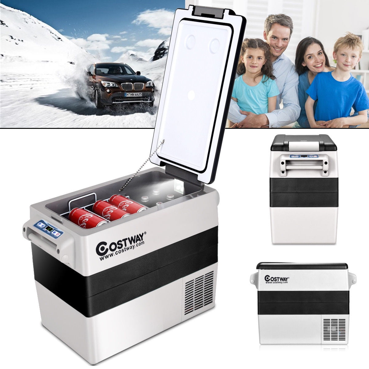 Costway 55 Quarts Portable Electric Car Cooler Refrigerator, 12V/24V DC & 110-240V AC, White & Grey