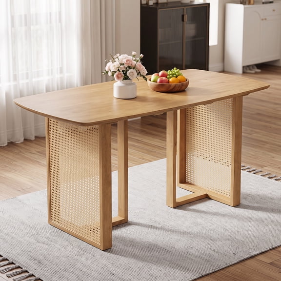 Costway 55" Solid Rubber Wood Dining Table with T-shaped Legs Woven Rattan Details for Home Natural