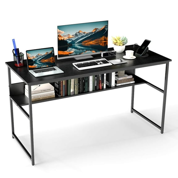 Costway 55" x 24" Computer Desk with Power Outlets & USB Ports, Storage Shelf, Metal Frame Black