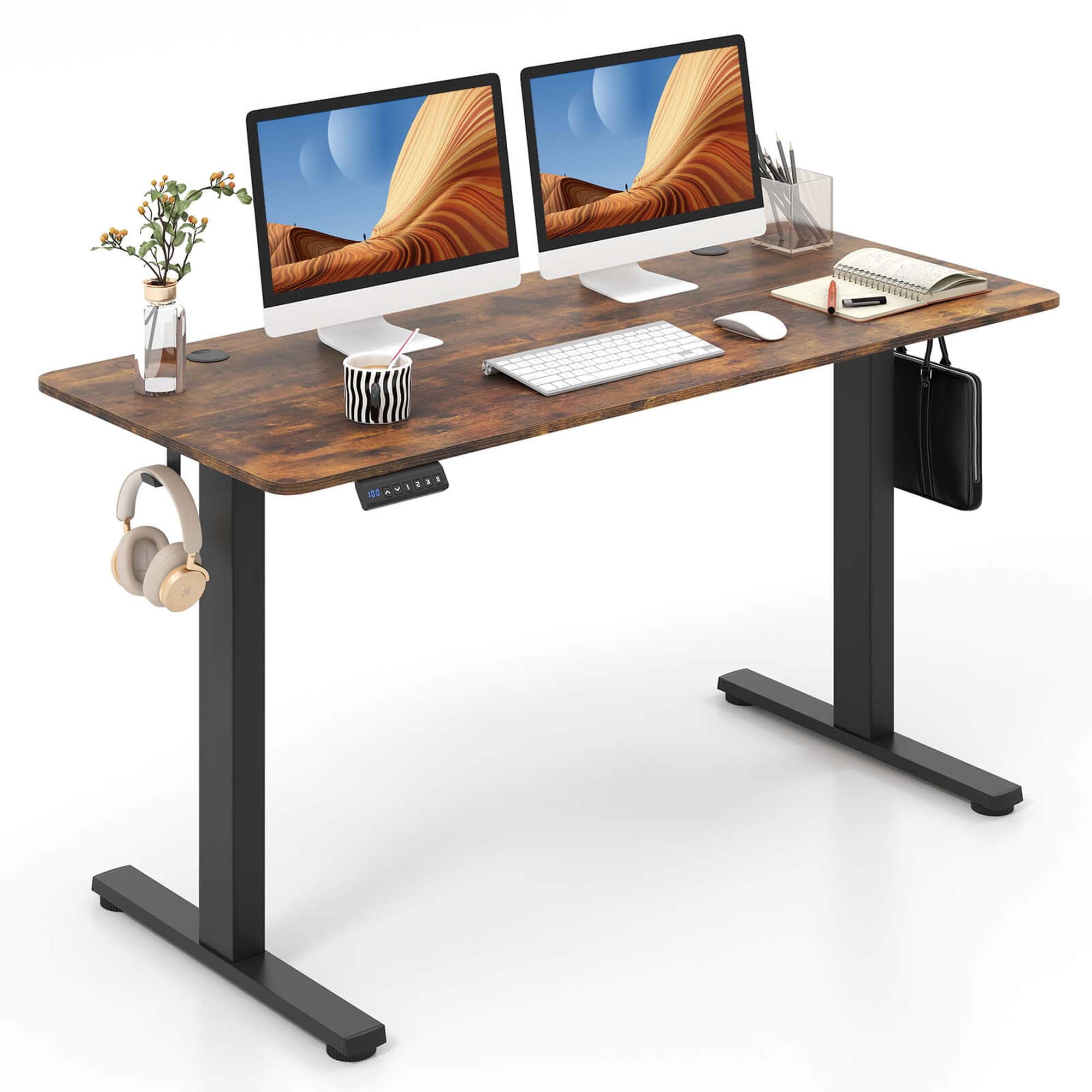 Costway 55" x 24" Electric Standing Desk with 3 Memory Height Settings 2 Hanging Hooks Brown