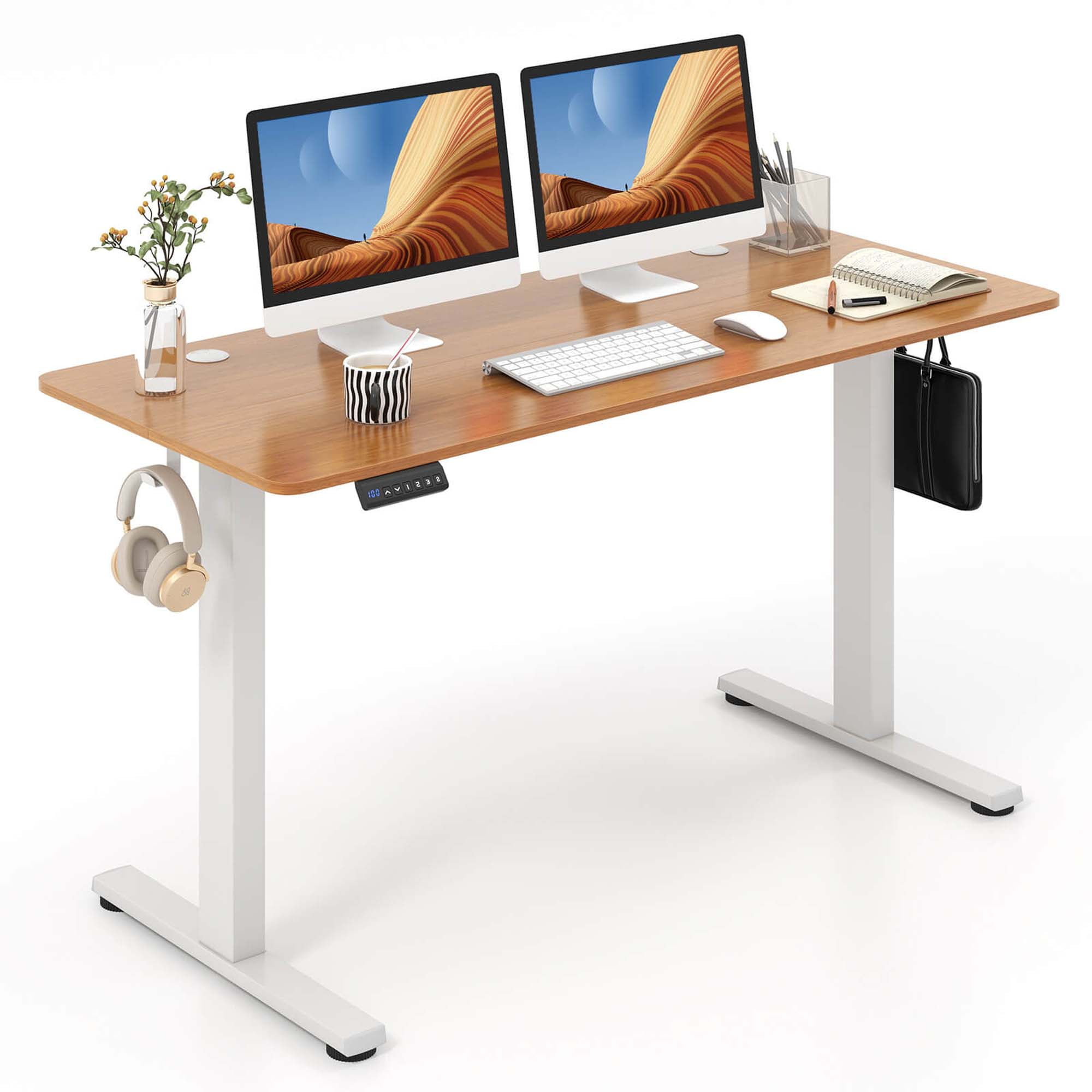 Costway 55" x 24" Electric Standing Desk with 3 Memory Height Settings 2 Hanging Hooks Natural