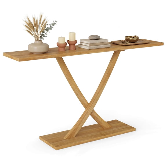 Costway 57” Solid Wood Console Table, Narrow Farmhouse Sofa Table with Teak Wood Frame Natural-57”