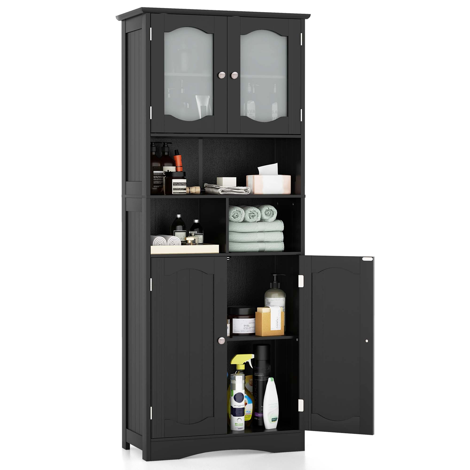 Costway 58.5" Tall Bathroom Storage Cabinet Freestanding Linen Cabinet with Shelves Black