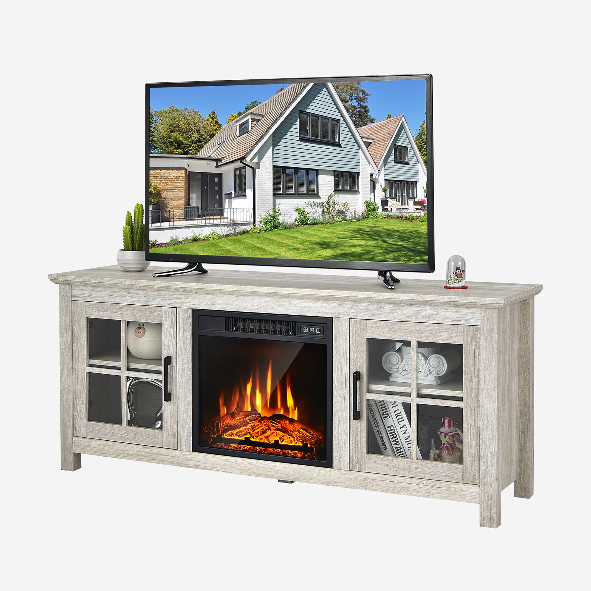 Costway 58" Fireplace TV Stand Storage TV Console W/ Fireplace Insert ...
