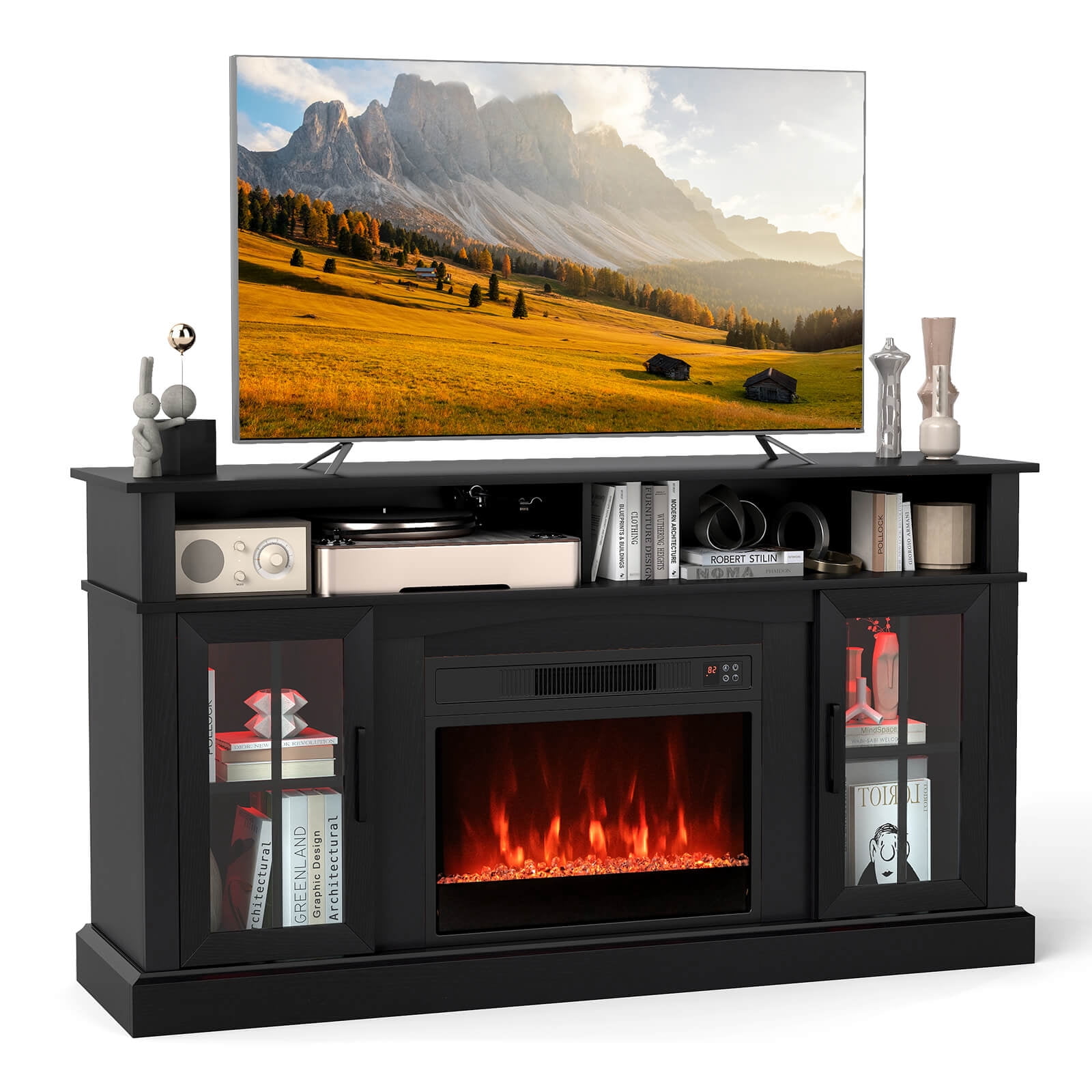 Costway 58" Fireplace TV Stand with LED Lights Entertainment Center for 65 Inch TV Black