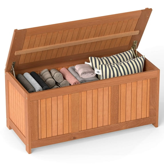 Costway 58 Gallon Wood Deck Box with Flip Top Teak Oil Finish Pool Supplies Cushions