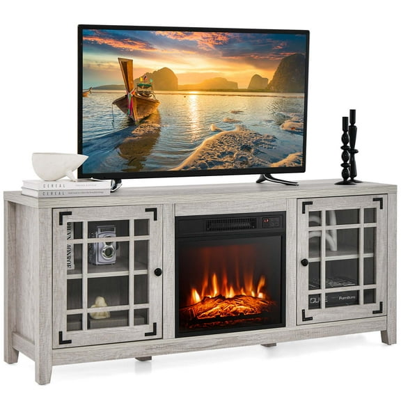Costway 58 Inches Fireplace TV Stand for TVs up to 65 Inches with 1400W Electric Fireplace Natural