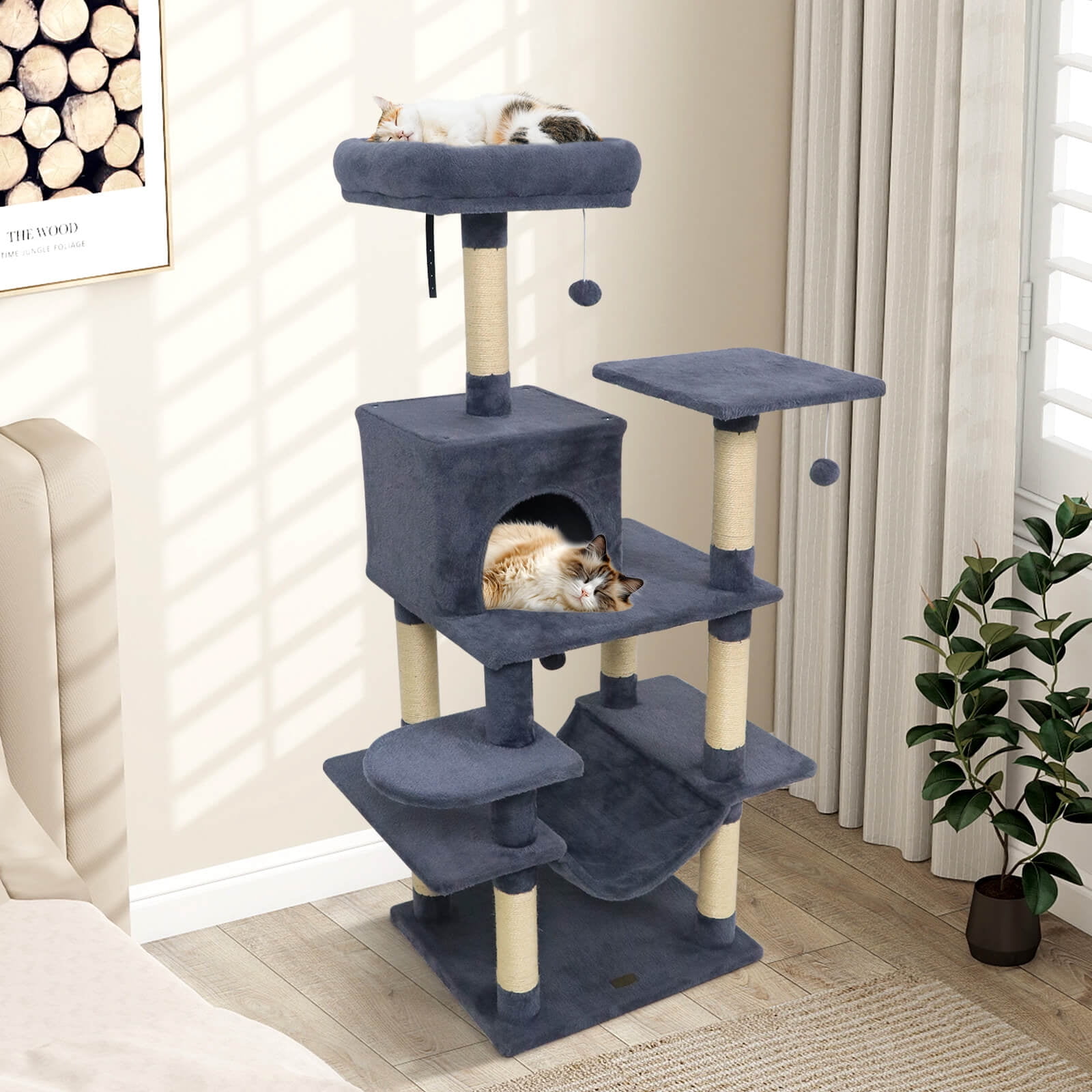 Costway 58” Tall Multi-level Cat Tree with Upholstered Perch & Cat Condo, Comfy Hammock Dark Gray
