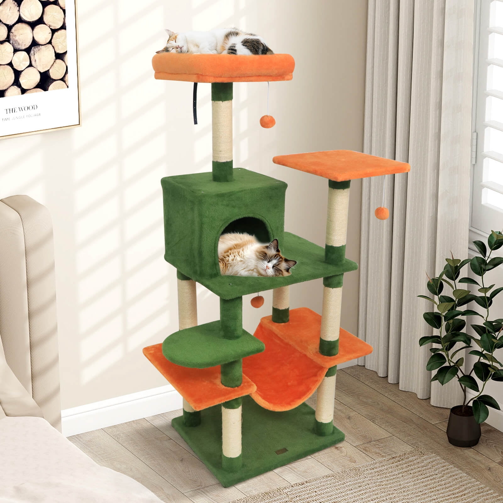 Costway 58” Tall Multi-level Cat Tree with Upholstered Perch & Cat Condo, Comfy Hammock Green+Orange