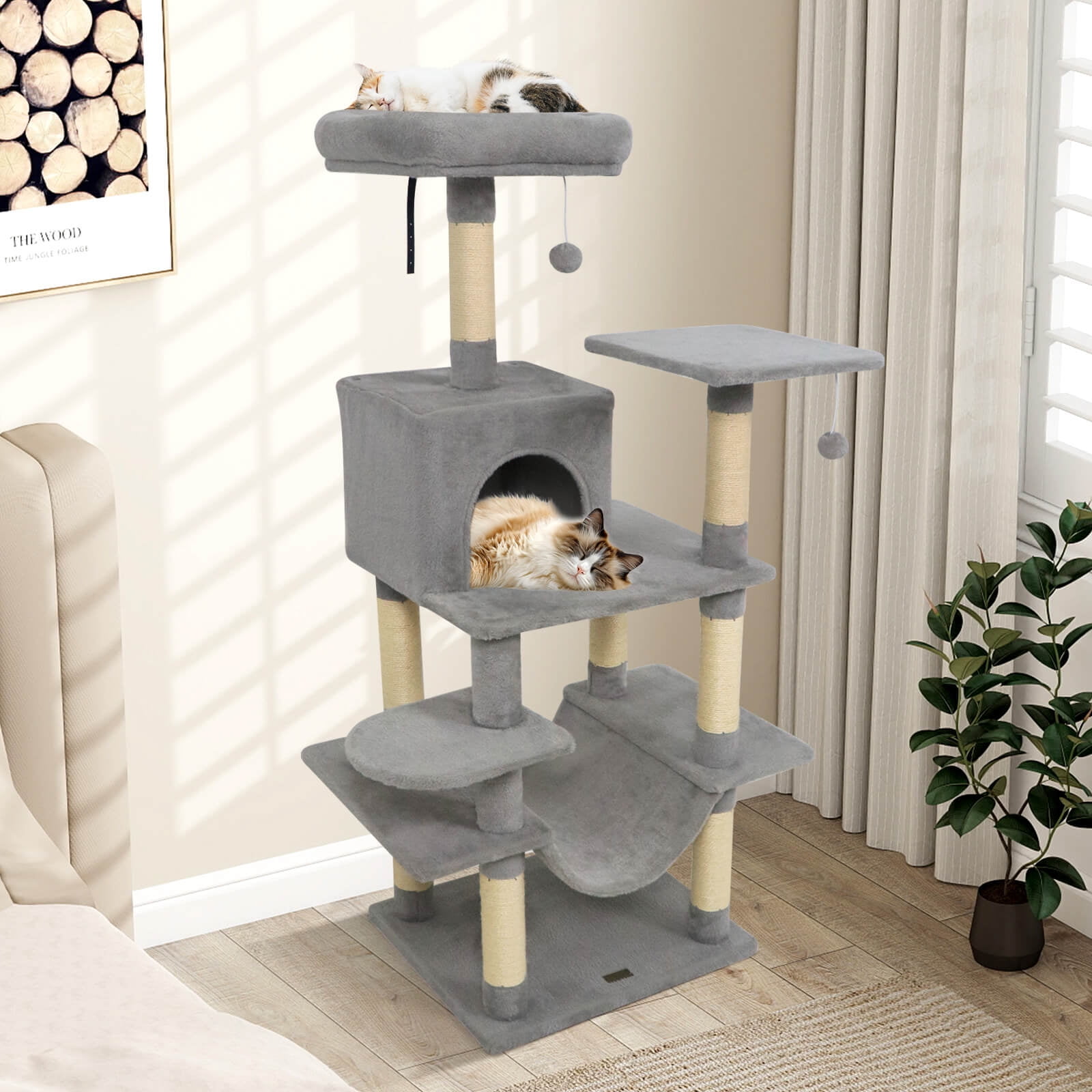 Costway 58” Tall Multi-level Cat Tree with Upholstered Perch & Cat Condo, Comfy Hammock Light Gray