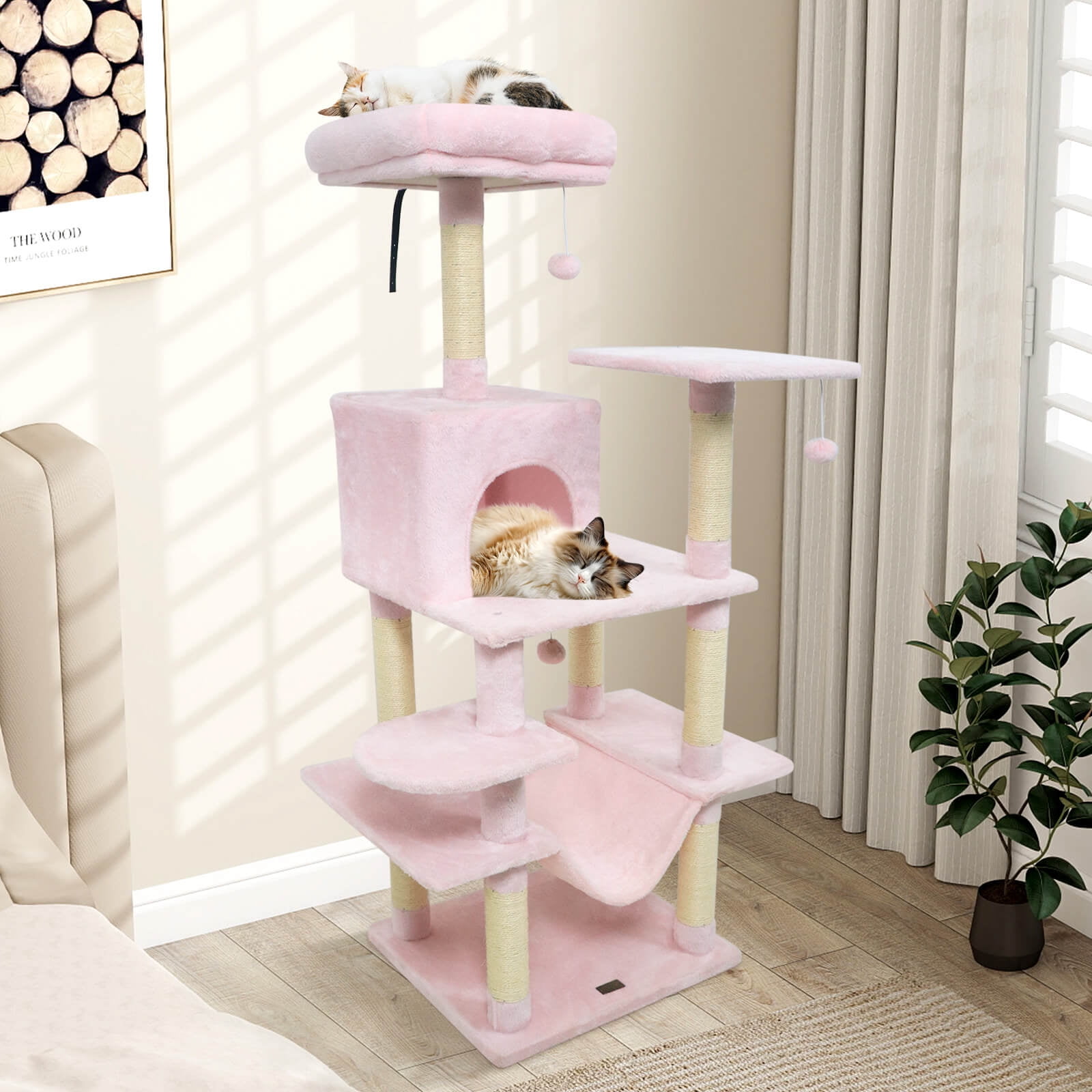 Costway 58” Tall Multi-level Cat Tree with Upholstered Perch & Cat Condo, Comfy Hammock Pink