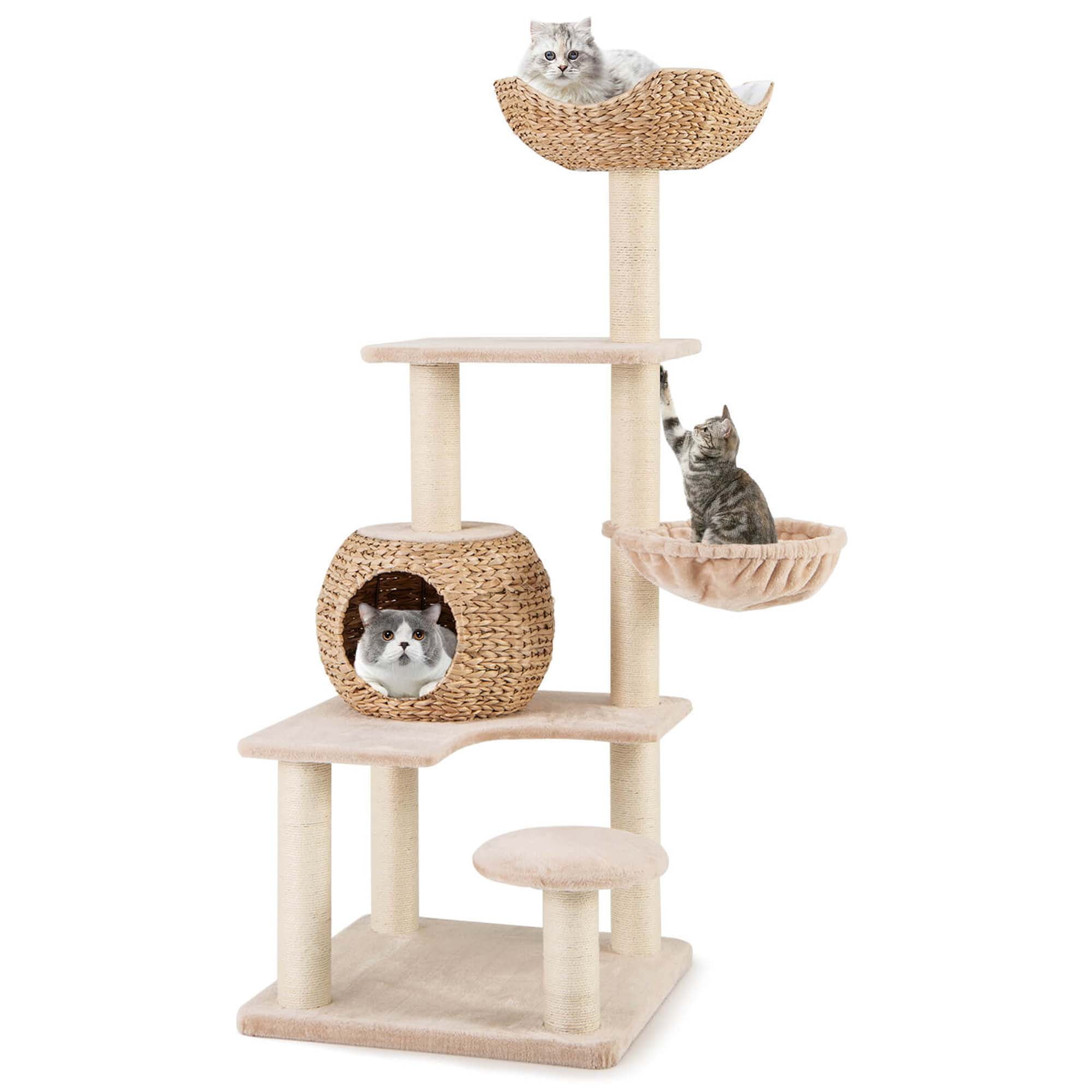 Beige and Natural Sisal Freestanding Cat Tower with Hammock and Condo