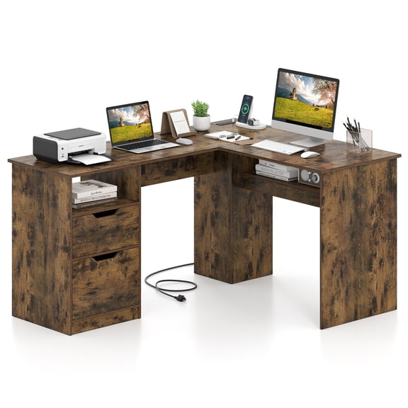Costway 59" L-Shaped Executive Desk with Power Outlets, Drawers & Bookshelf for Working Rustic Brown