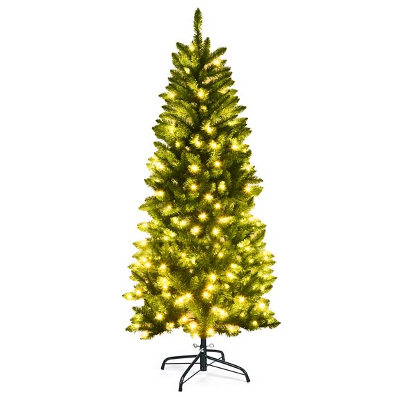 Costway 5Ft Pre-lit Artificial Pencil Christmas Tree Hinged Fir PVC Tree with 150 LED Lights