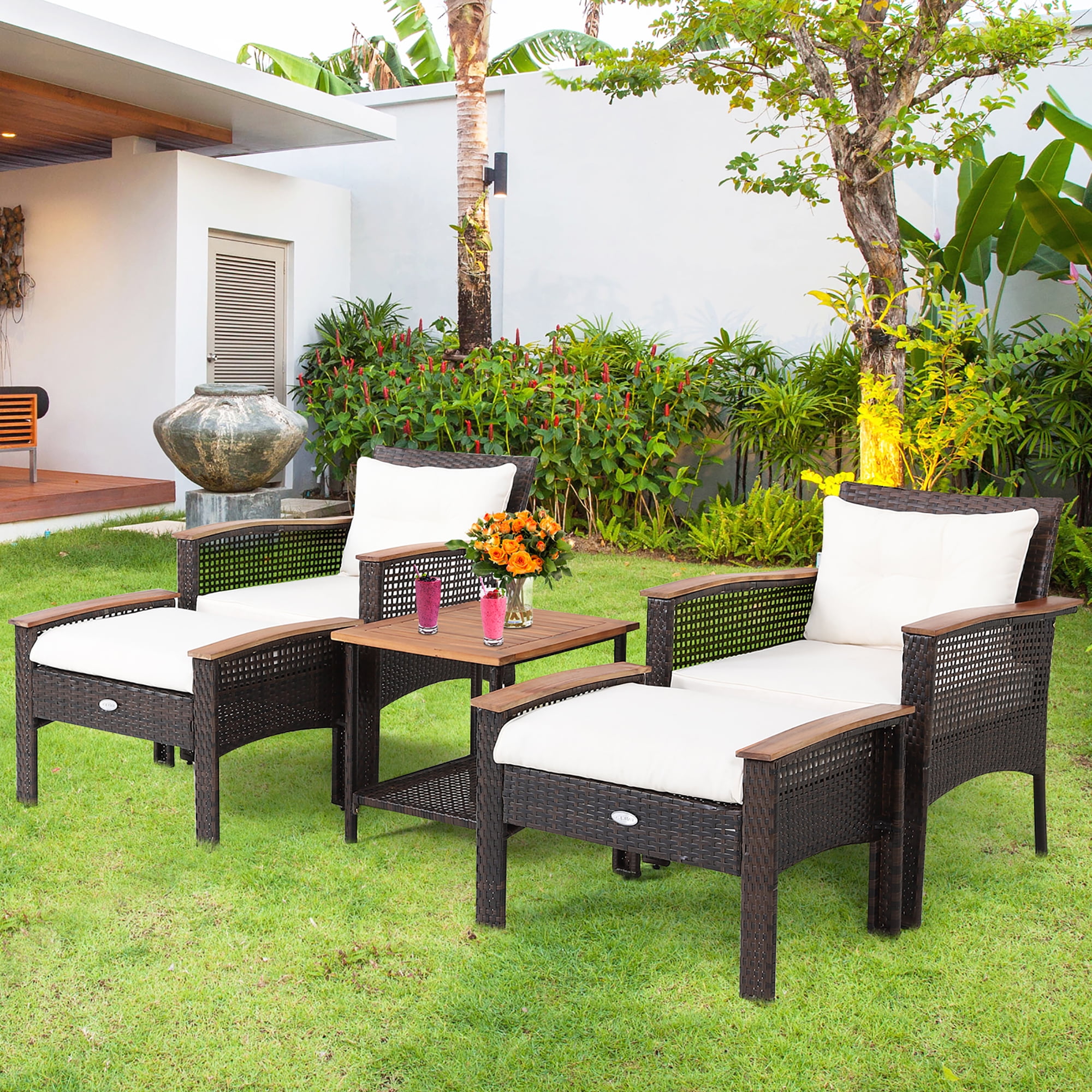 Costway 5PCS Acacia Wood Table Armrest Cushion Yard Patio Rattan Furniture Set, Off White