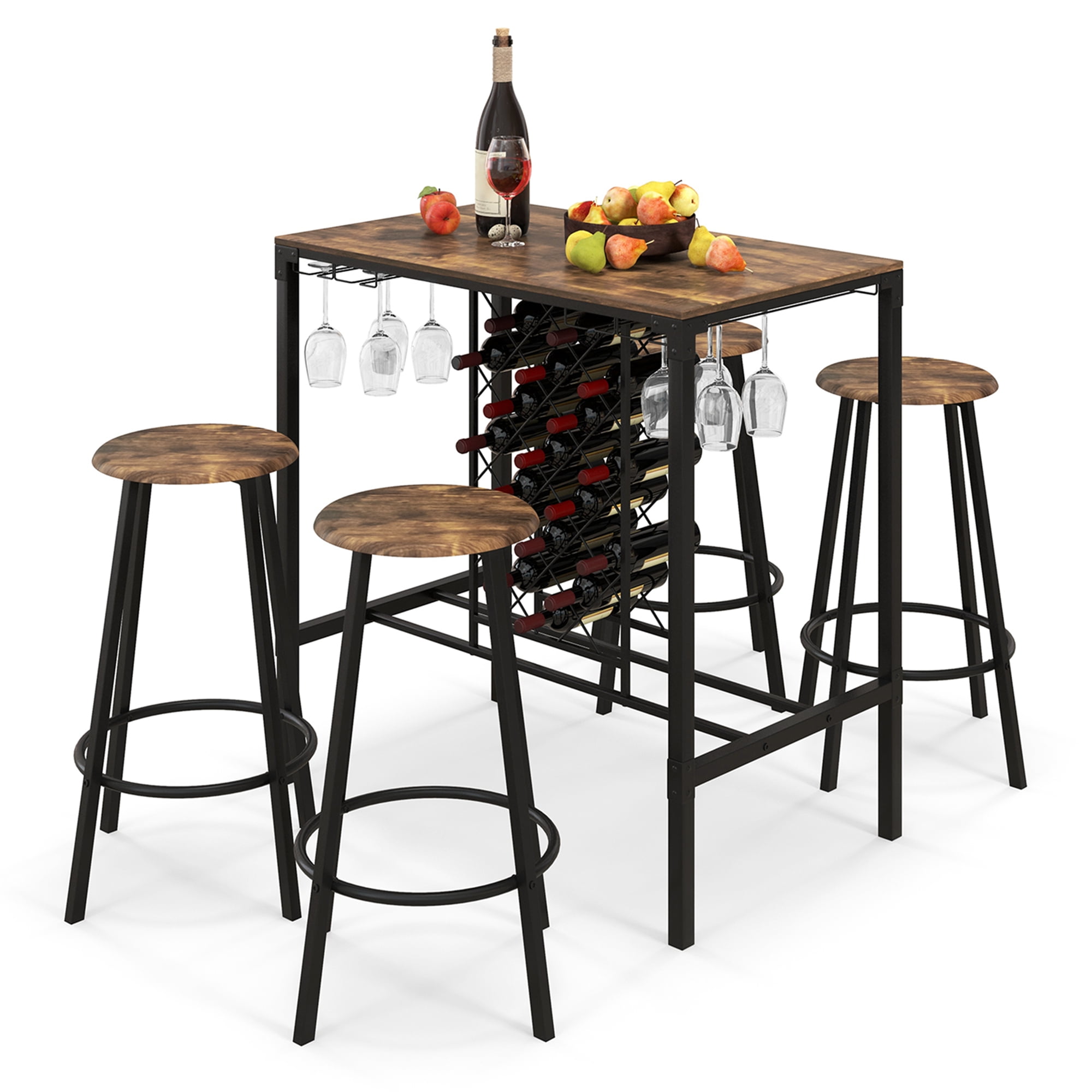Rustic Brown and Black Industrial Pub Table Set with Wine Rack and Glass Holder