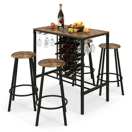 Costway 5PCS Bar Table & Stools Set Industrial Bistro Set with Wine Rack & Glass Holder - Rustic Brown/Black