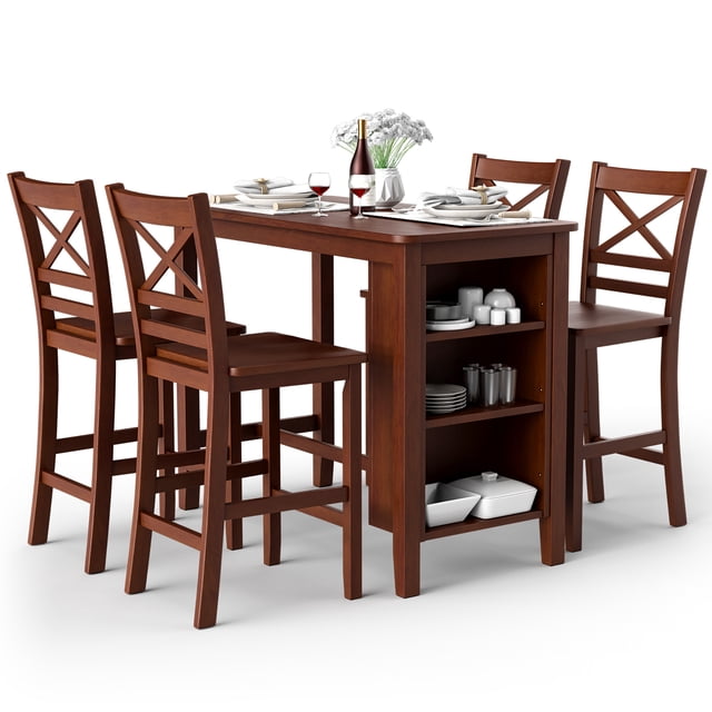 Costway 5PCS Counter Height Pub Dining Table Set w/ Storage Shelves&4 ...