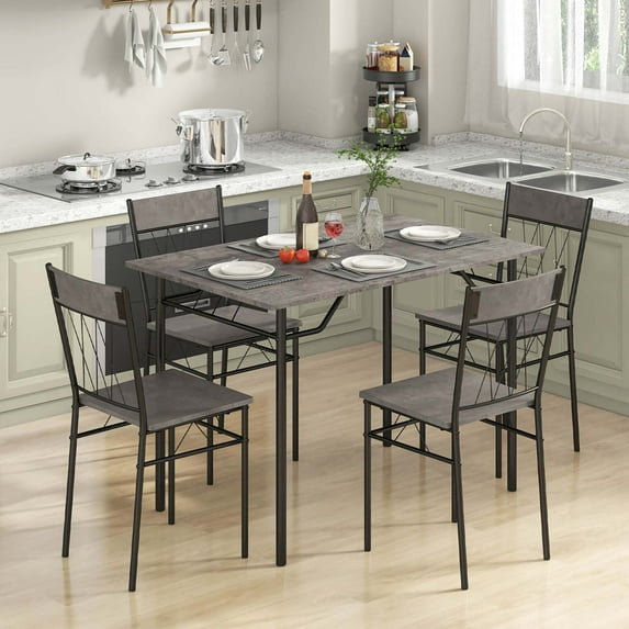Costway 5PCS Dining Table Set for 4 Rectangular Kitchen Table & 4 Chairs with Metal Frame Cement Gray