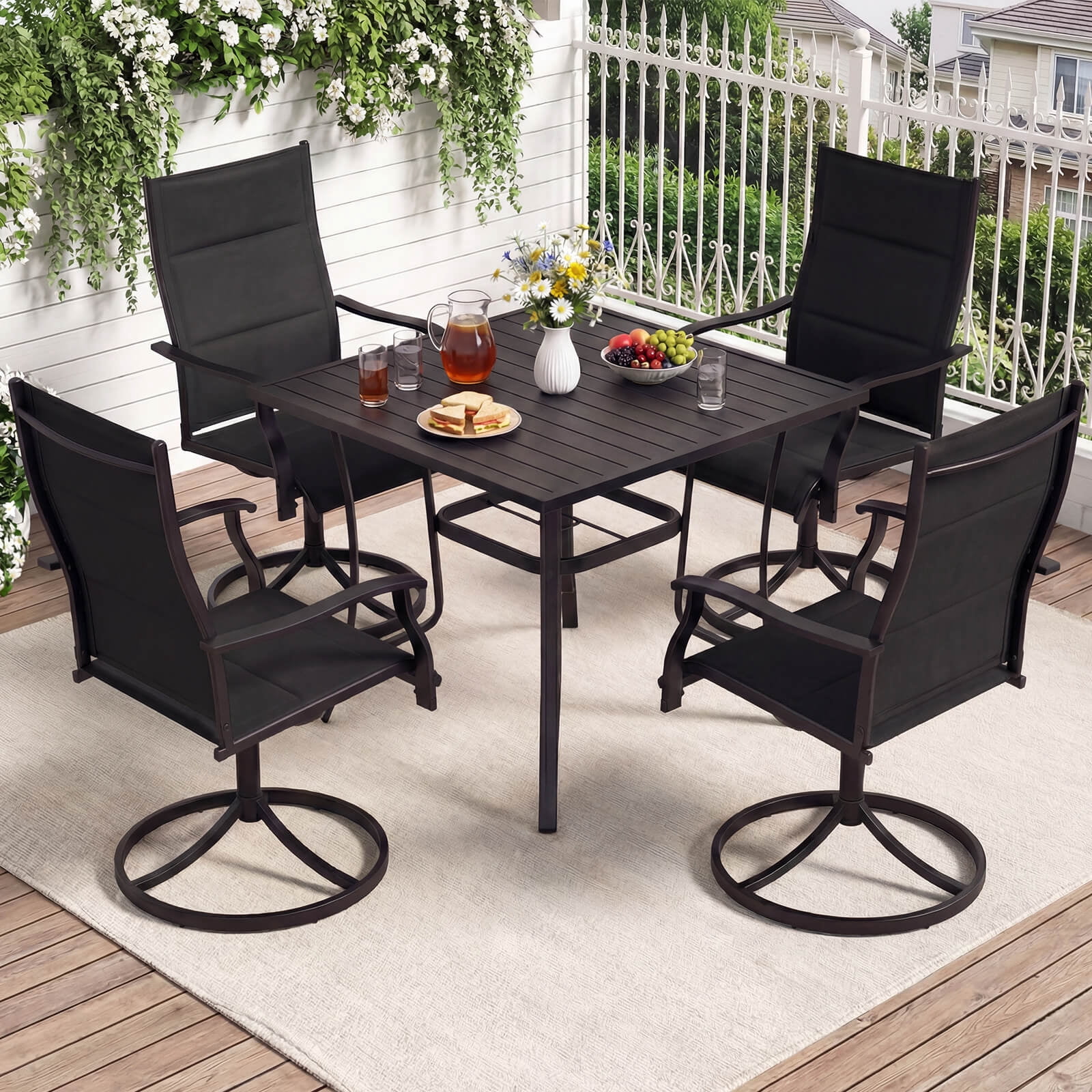 Costway 5PCS Outdoor Dining Set, 4 Swivel Chairs & Square Patio Table with Umbrella Hole Black