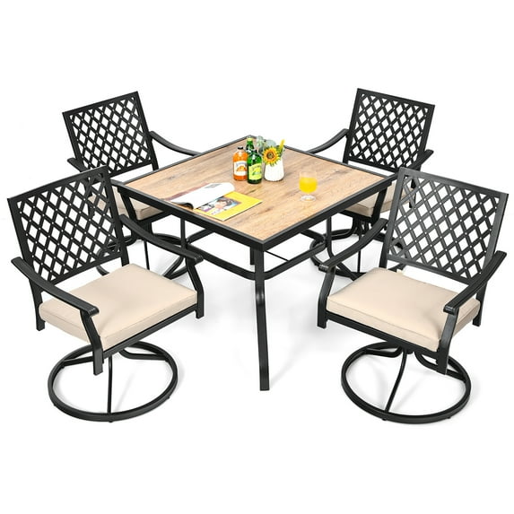 Costway 5PCS Patio Dining Set Square Table 4 Swivel Chair Rocker Cushioned Deck