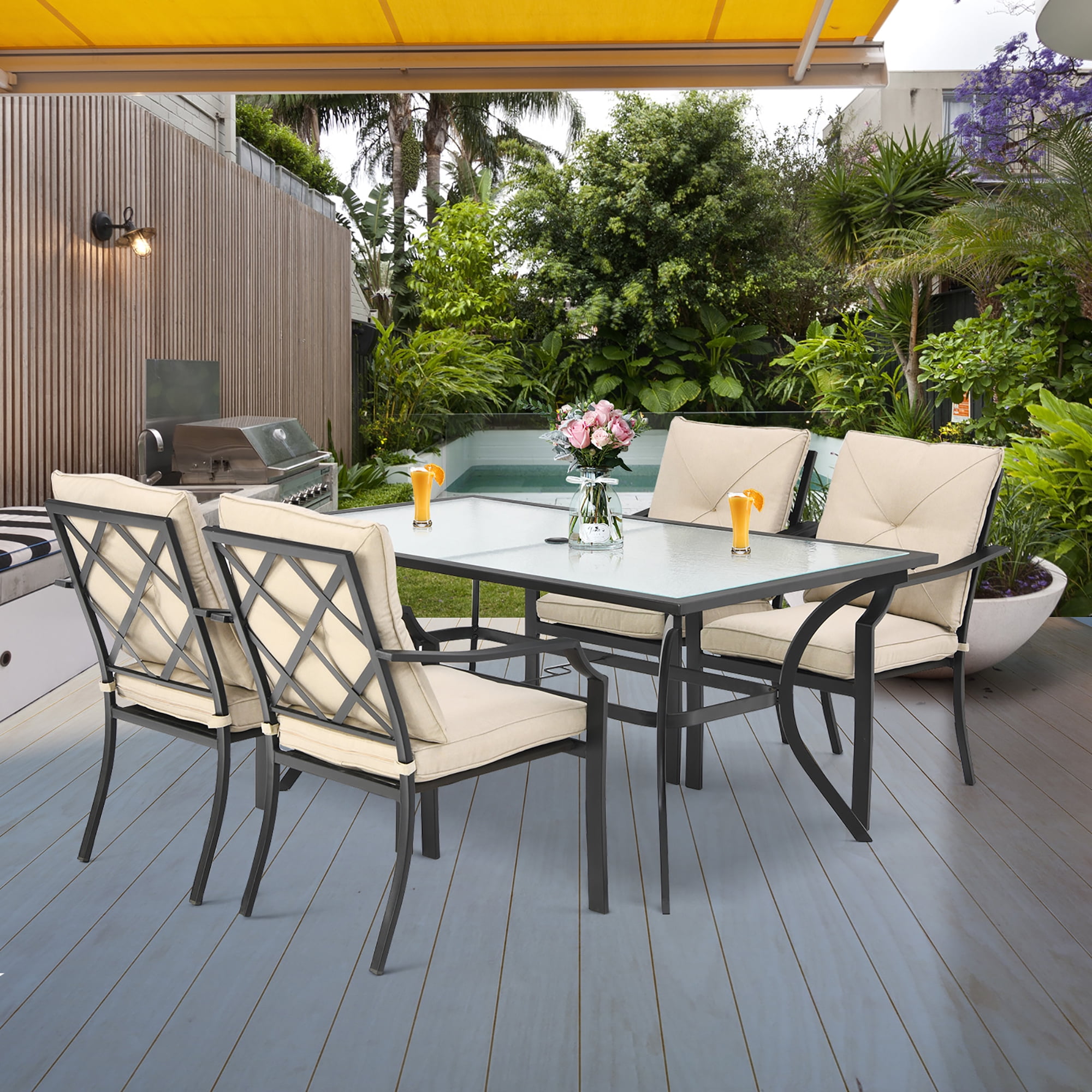 Costway 5PCS Patio Dining Set Stack Chairs Cushioned Glass Table Umbrella Hole