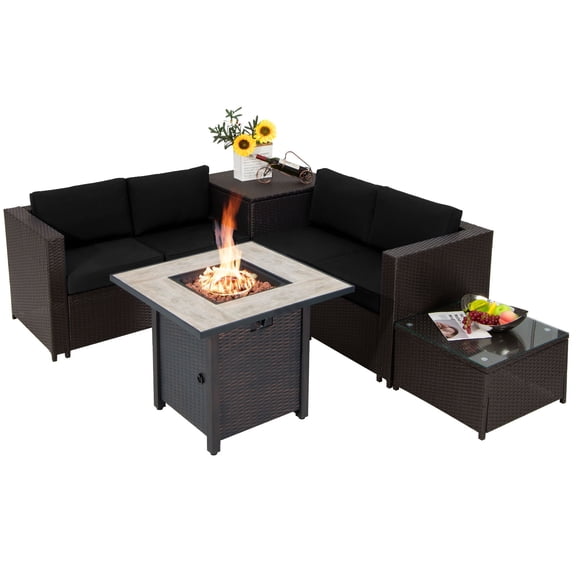 Costway 5PCS Patio Furniture Set with 30 Inches Gas Fire Pit Table, Cushions, Storage Box  Mix Brown & Black