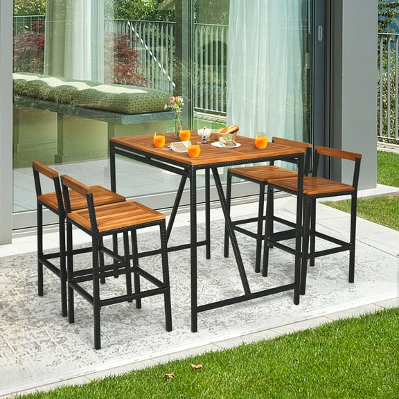 Costway 5PCS Patio Rattan Bar Table Stool Set Acacia Wood Top W/Umbrella Hole